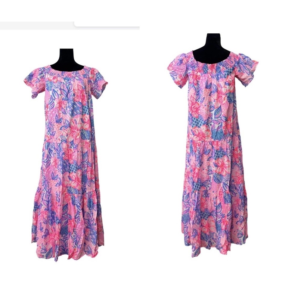 Lilly Pulitzer Dezi Off Shoulder Maxi Dress L Pink Isle Snappy Turtle Cotton